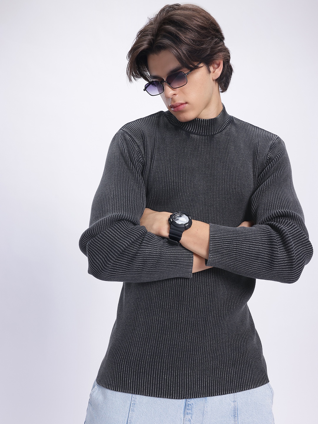 

glitchez Street-Ready Ribbed Longline Pullover, Charcoal