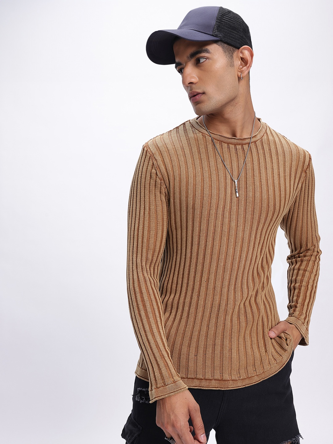 

glitchez Chunky Rib Relaxed Fit Pure Cotton Pullover, Brown