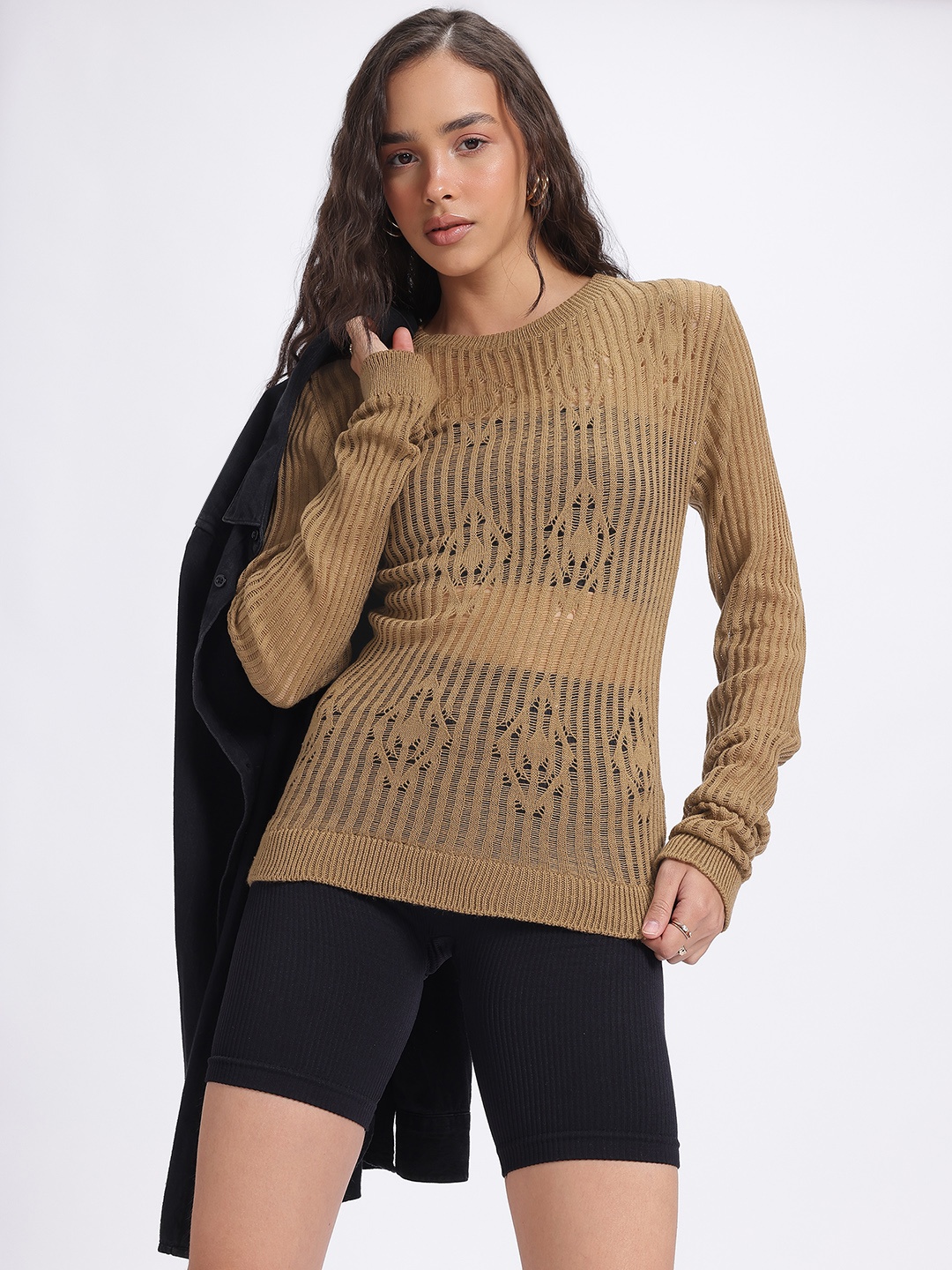 

glitchez Semi-Sheer Fantasy Geometric Open-Knit Top, Brown