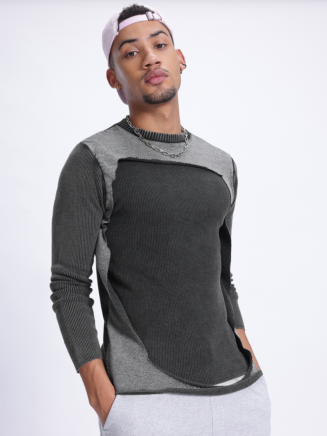 

glitchez Raw Cut-Outs Ribbed Relaxed Pullover, Charcoal