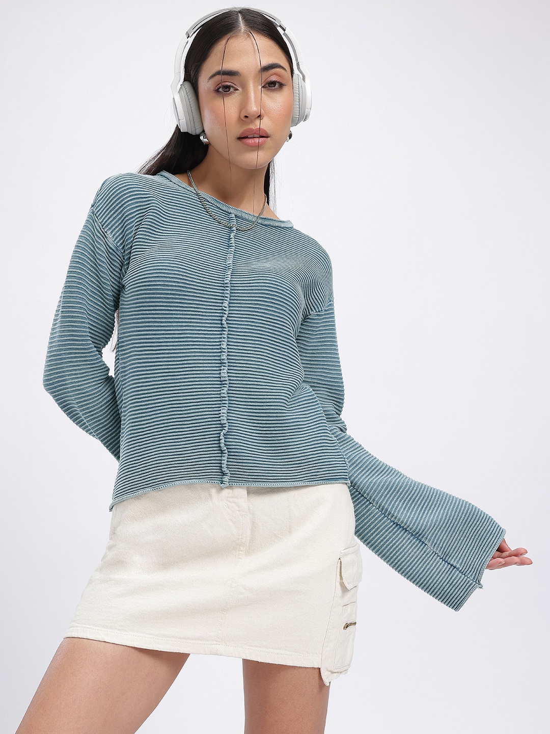 

glitchez Inverted Look Ribbed Drop-Shoulder Sleeves Relaxed Fit Pure Cotton Pullover, Blue