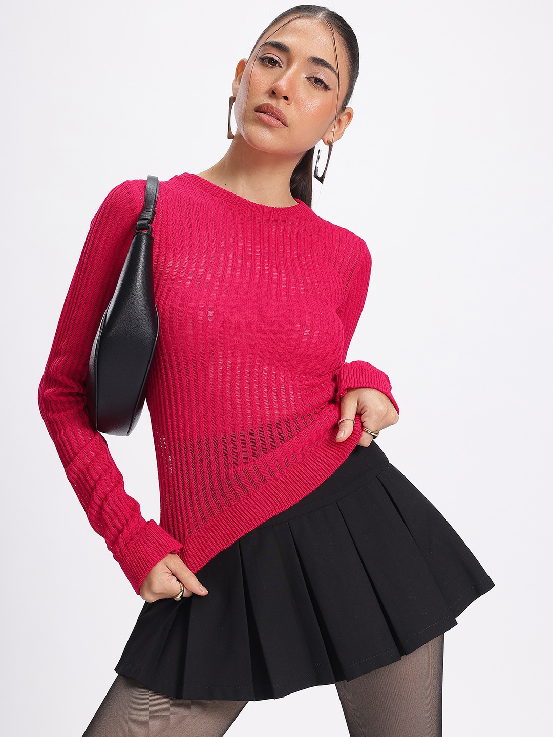 

glitchez Ribbed Rhythm Pure Cotton Semi-Sheer Sweater, Fuchsia