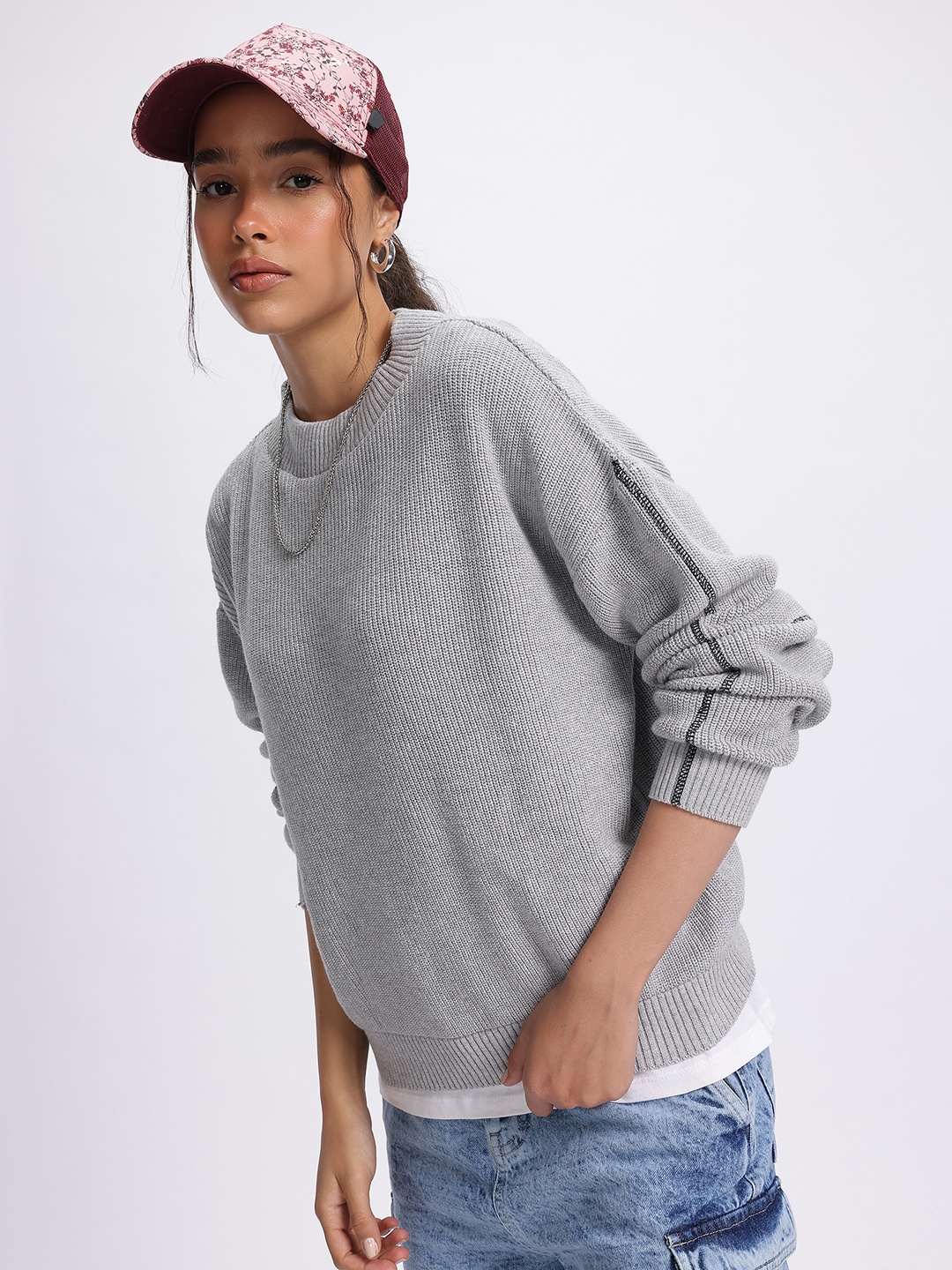 

glitchez Laid-Back Luxe Ribbed Oversized Pullover, Grey