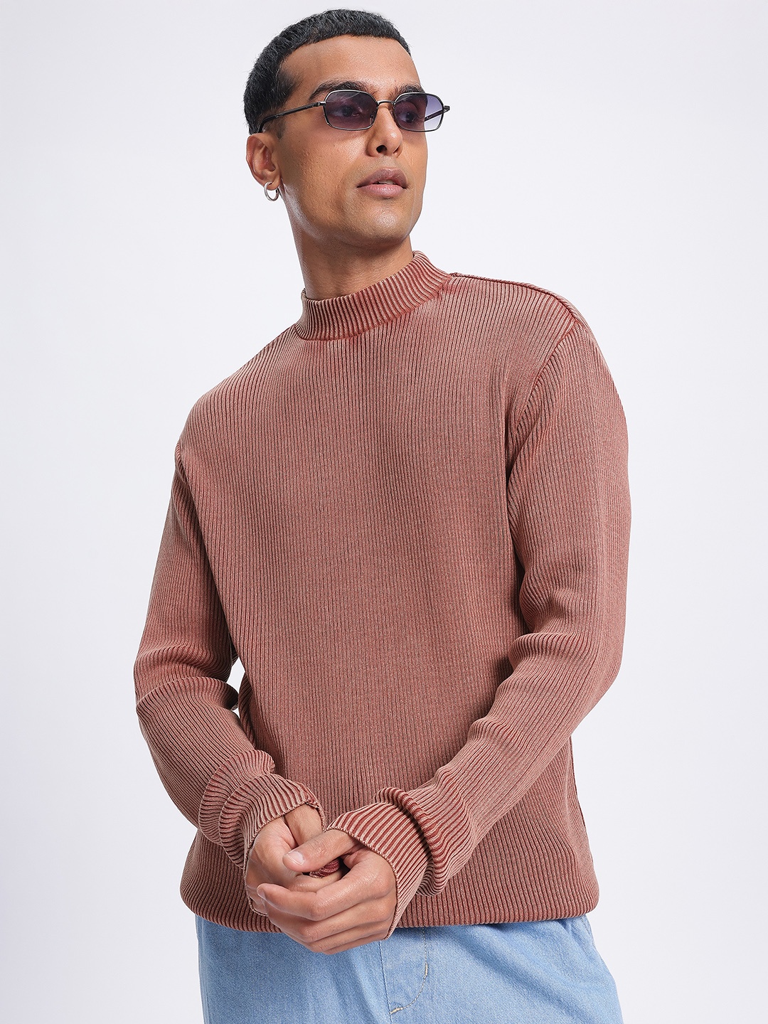

glitchez Modern Minimalist Ribbed Longline Pullover, Taupe