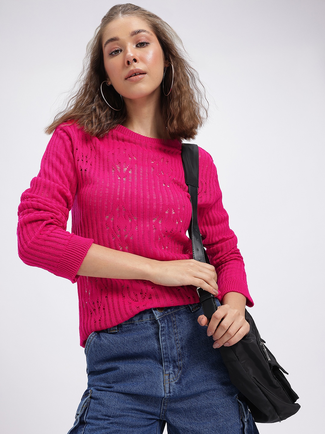 

glitchez Loose Rib Knit Semi-Sheer Pure Cotton Pullover, Fuchsia