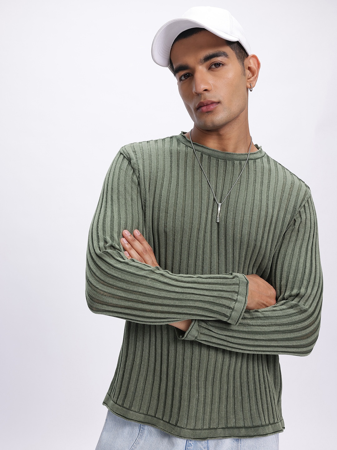 glitchez Tactile Knit Relaxed Fit Pure Cotton Pullover, Olive