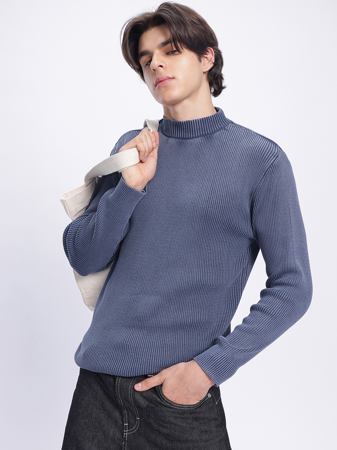 

glitchez Chillwave Knit Ribbed Pullover, Navy blue