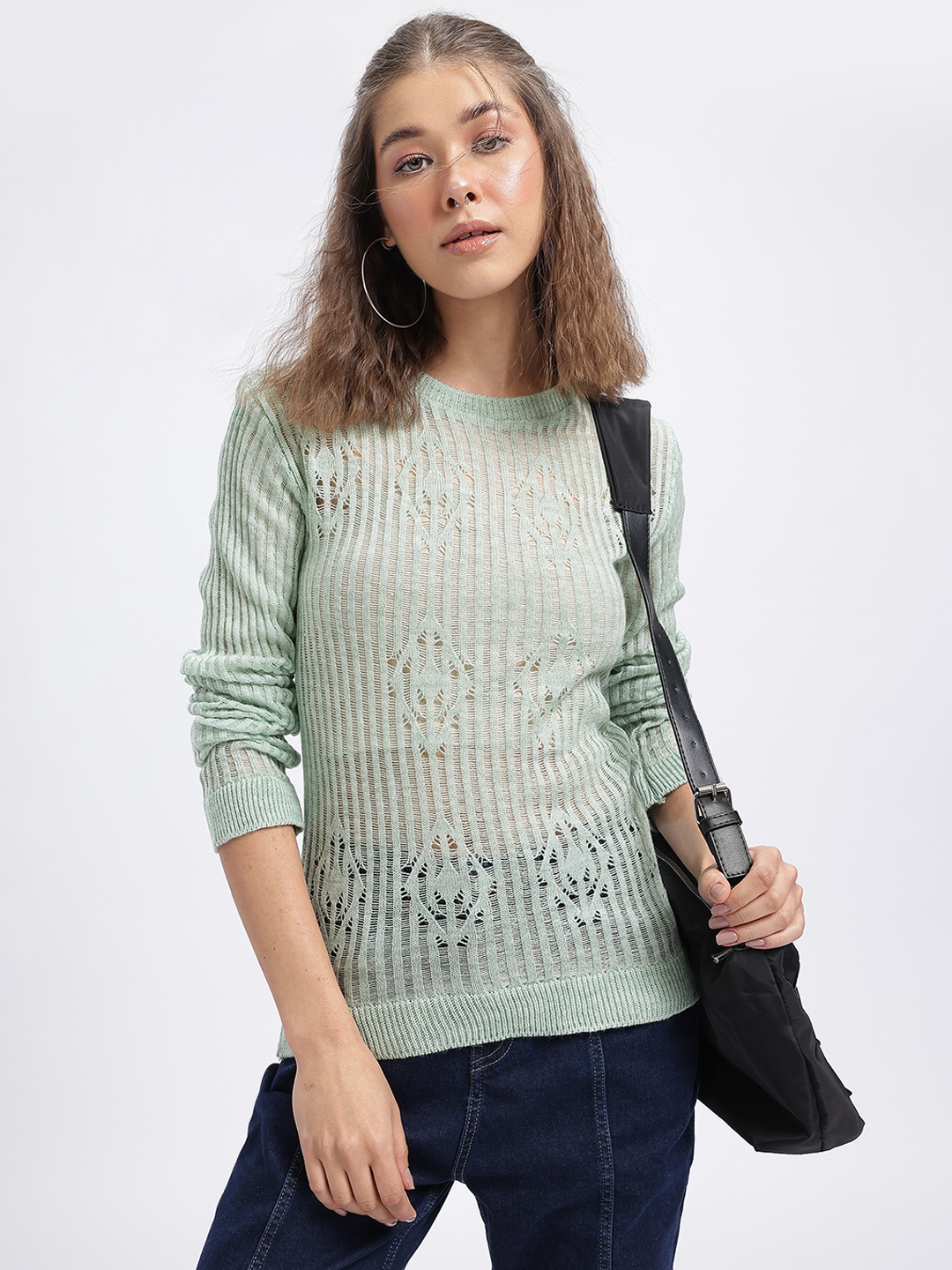 

glitchez Knitwear Ribs Semi-Sheer Pure Cotton Pullover, Sea green