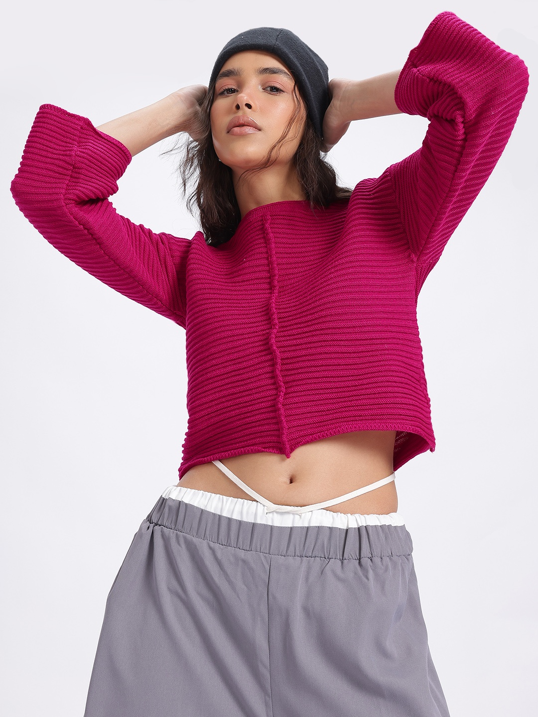 

glitchez Ribbed Sensation Crop Sweaters, Fuchsia