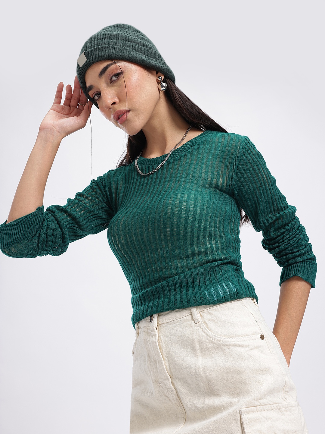 

glitchez Openwork Ribs Semi-Sheer Pure Cotton Pullover, Green