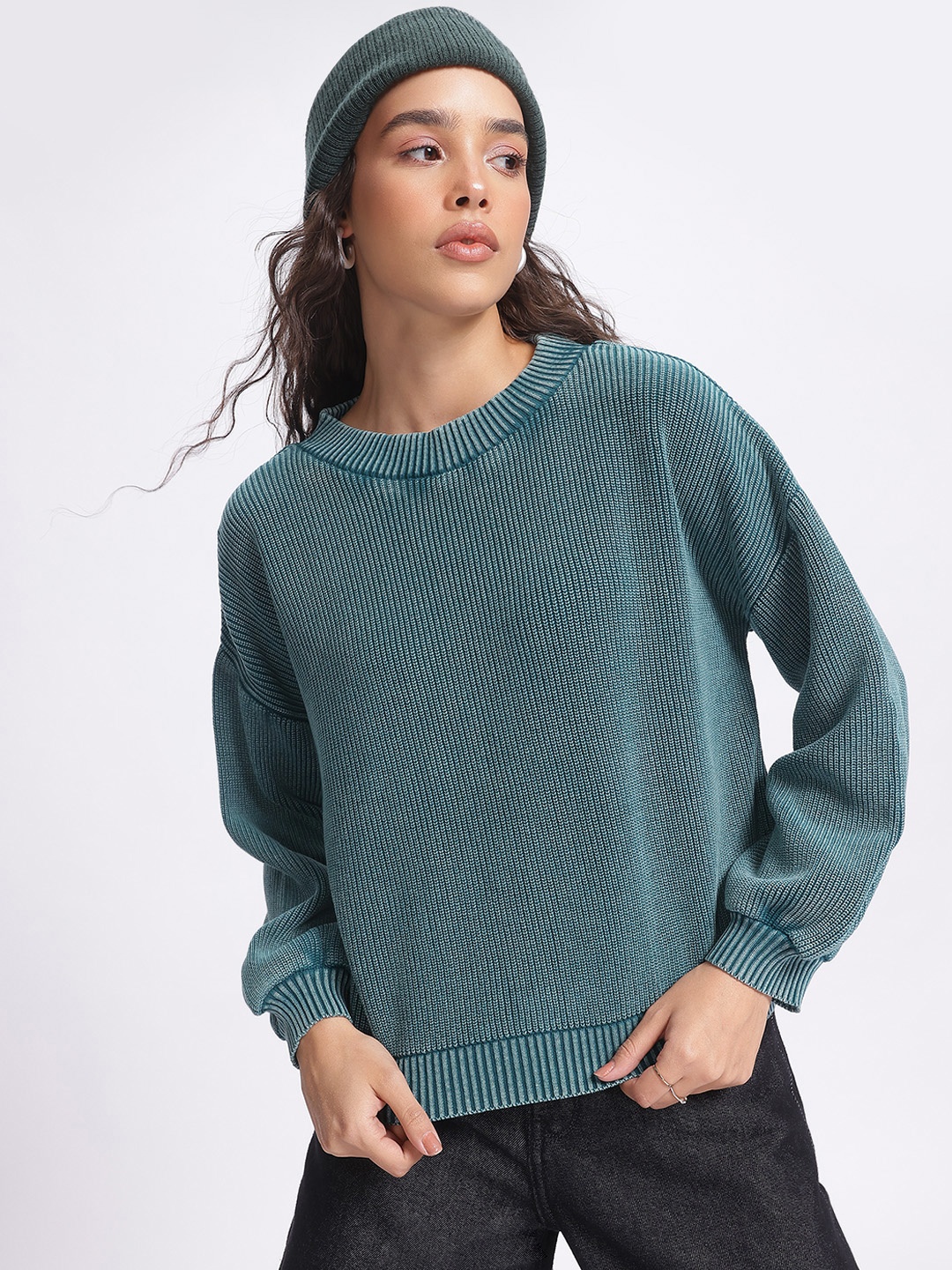 

glitchez Edgy Knitwear Ribbed Oversized Pullover, Blue