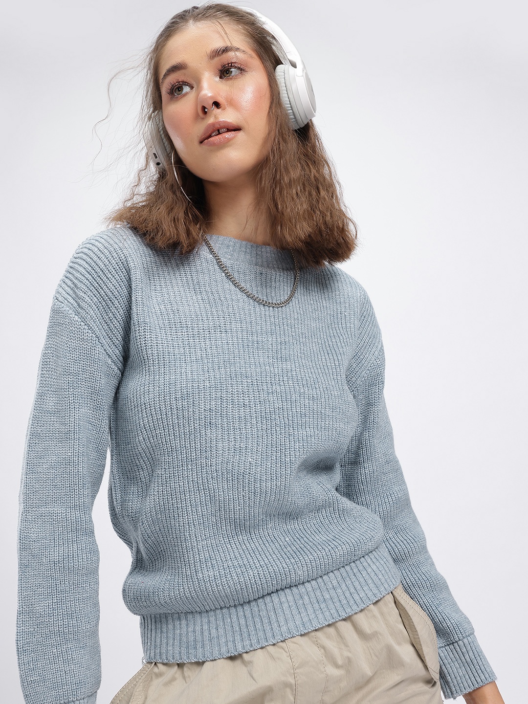 

glitchez Ribbed Cables Drop-Shoulder Sleeves Relaxed Fit Pure Cotton Pullover, Blue