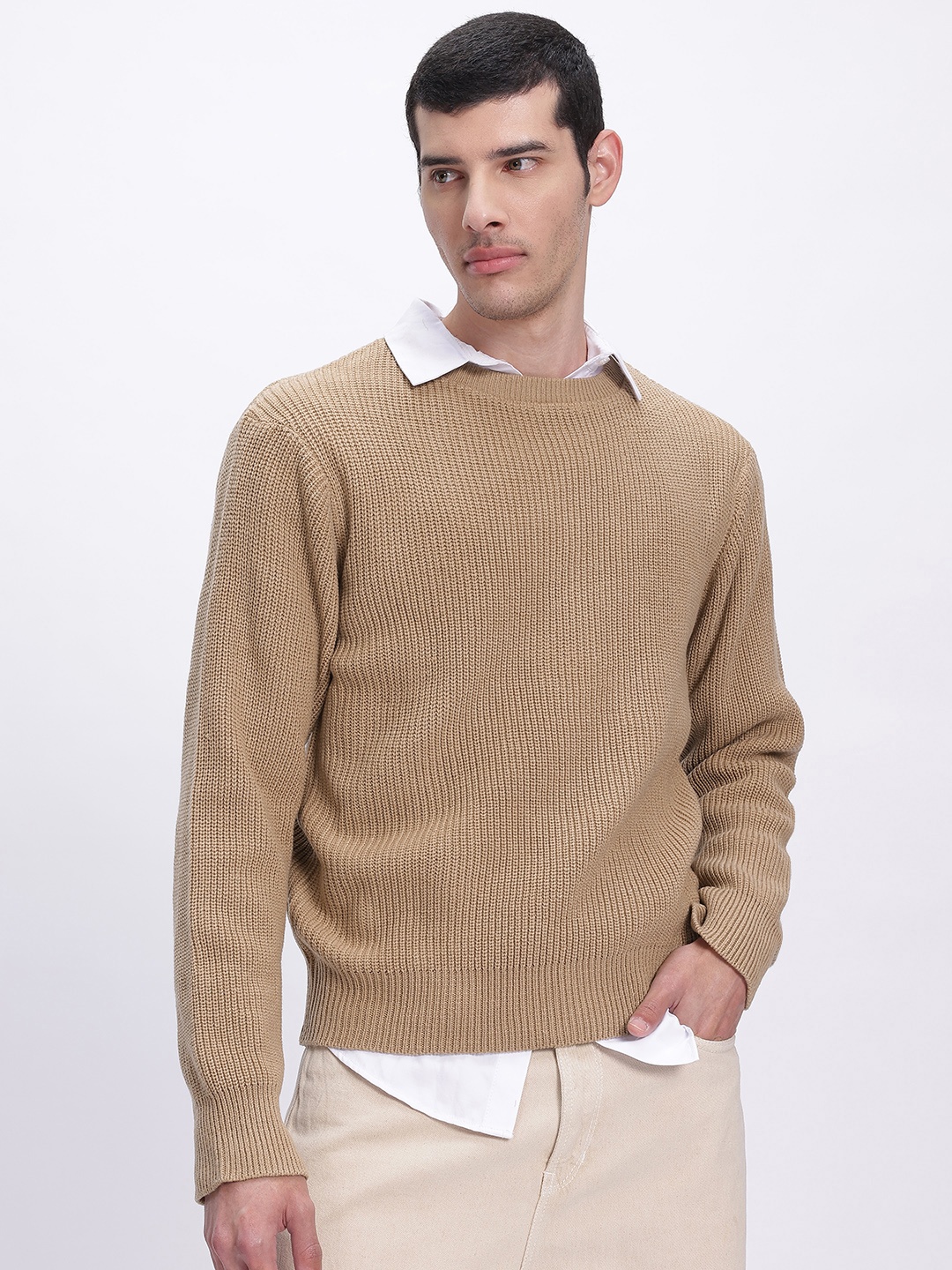 glitchez Rib Knits Relaxed Fit Acrylic Pullover, Brown