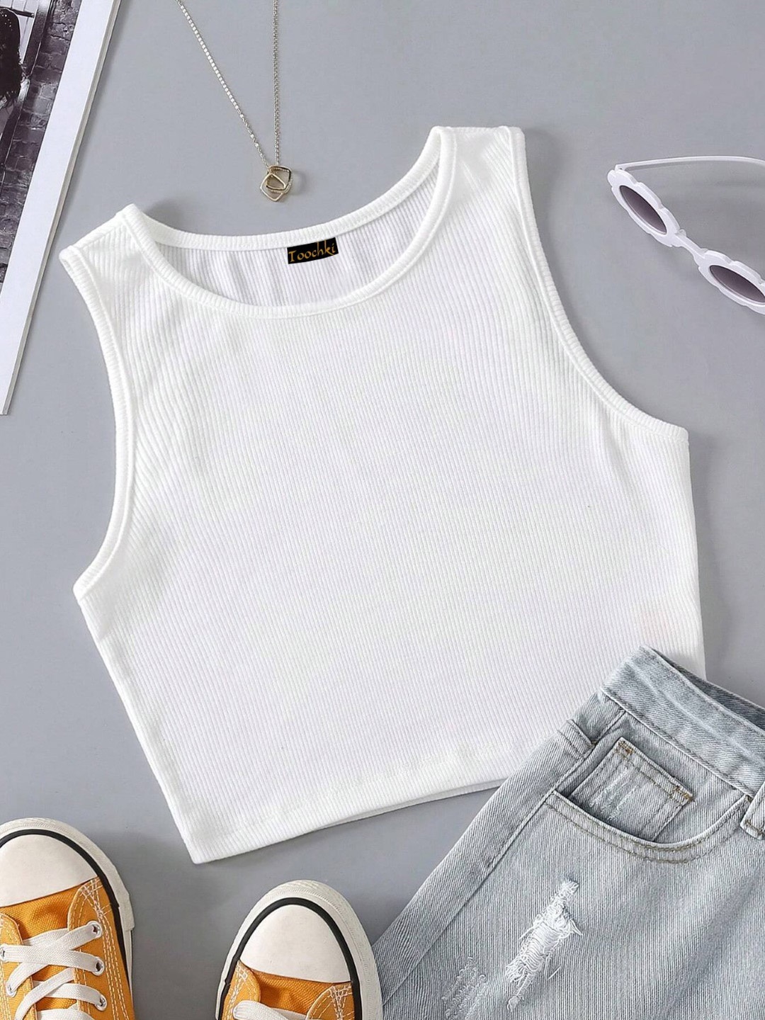 

TOOCHKI Women Round Neck Sleeveless Lycra Fitted Crop Tank Top, White