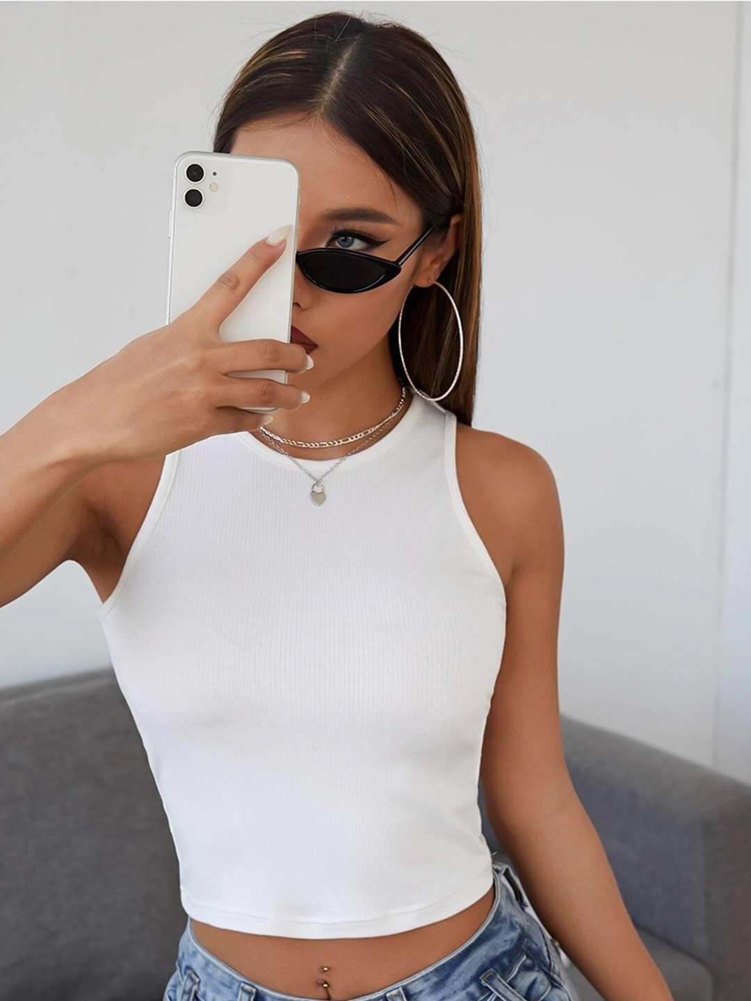 

TOOCHKI Women Round Neck Sleeveless Lycra Fitted Crop Tank Top, White