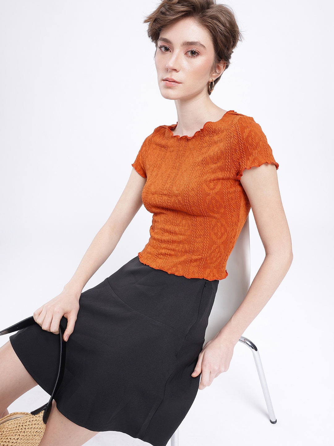 

glitchez Snuggly Style Self Design Fitted Crop Top, Orange