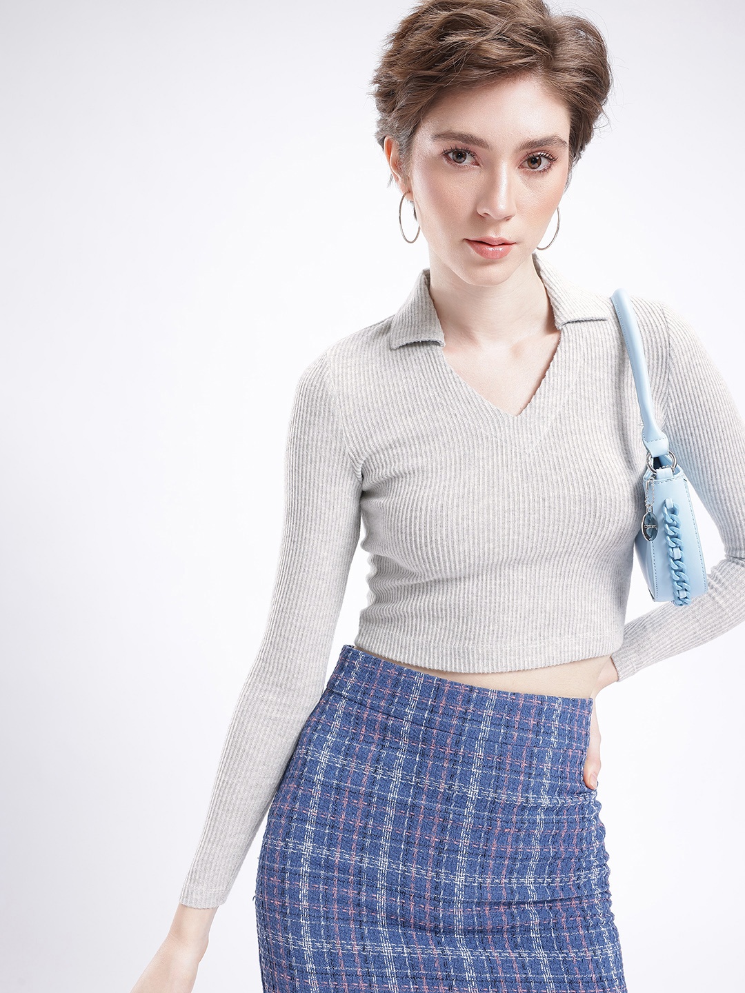 

glitchez Urban Flair Ribbed Fitted Crop Top, Grey