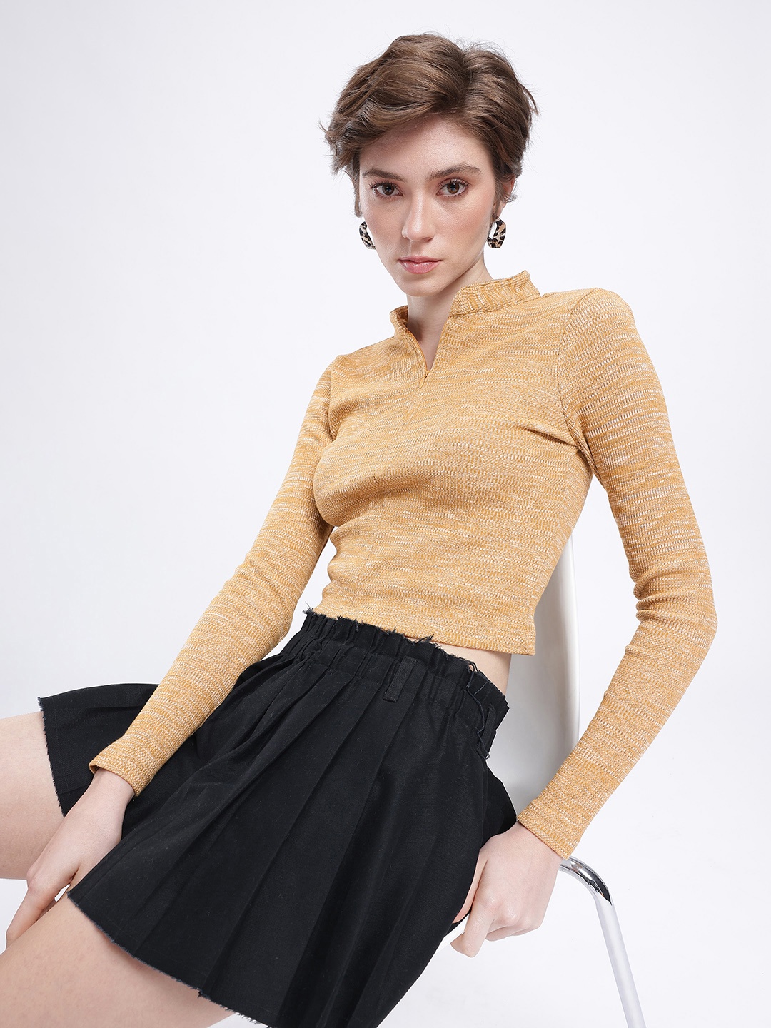 

glitchez Edgy Elegance Textured Fitted Crop Top, Khaki