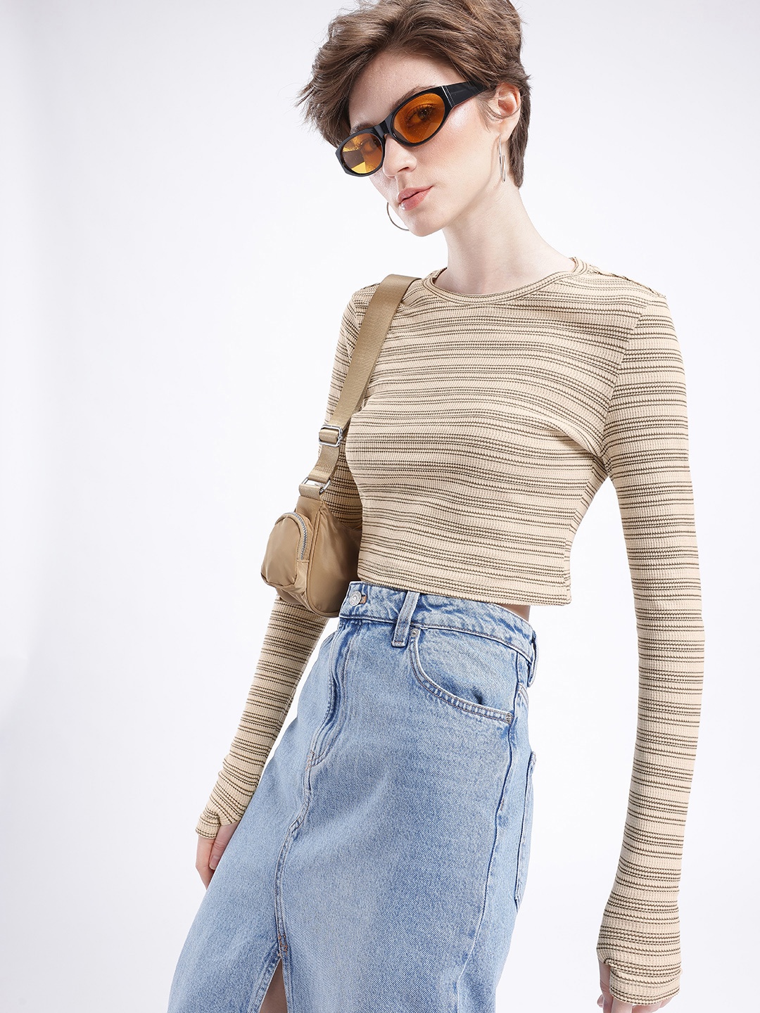 

glitchez Girly Glam Textured Striped Fitted Crop Top, Beige