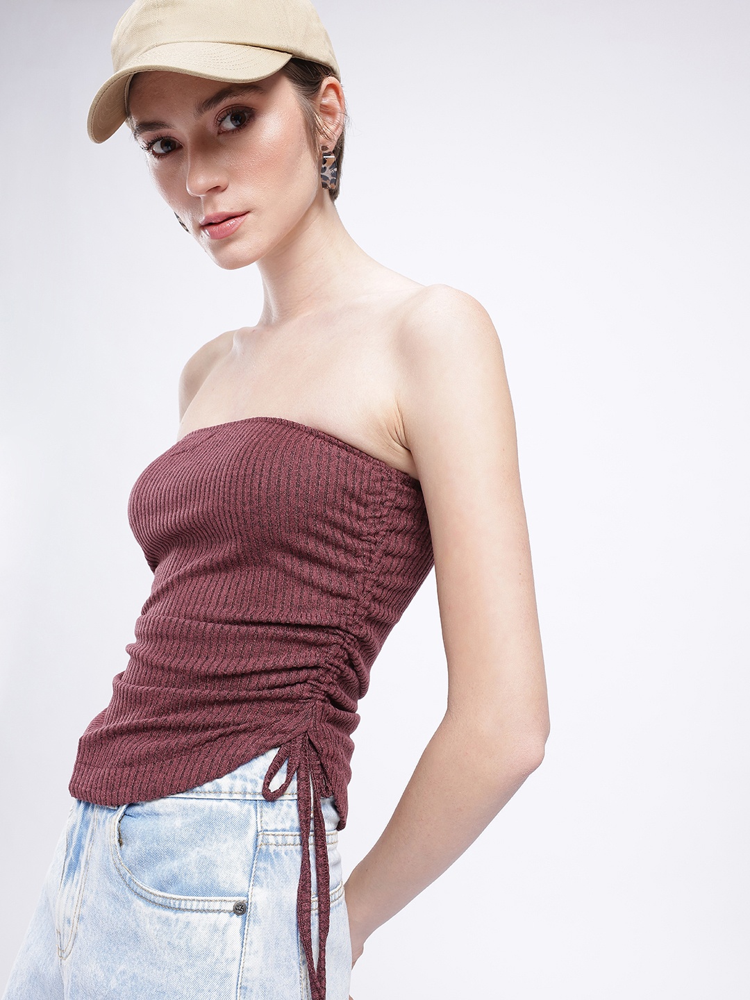 

glitchez Girly Glam Ribbed Ruched Bandeau Top, Brown