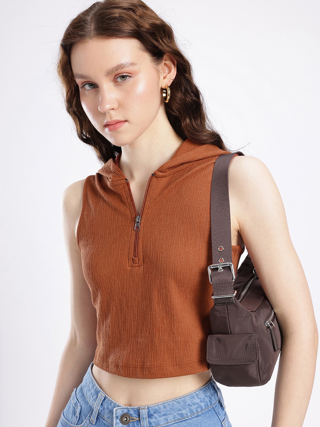 

glitchez Savvy Style Hooded Ribbed Fitted Crop Top, Brown