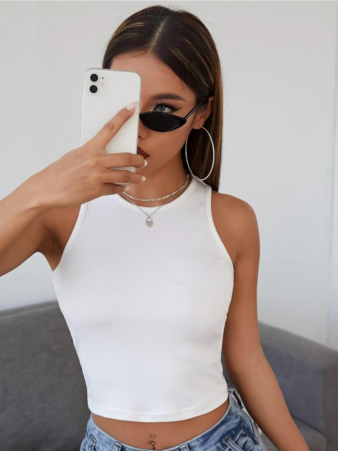 

TOOCHKI Women Round Neck Sleeveless Lycra Fitted Crop Tank Top, White