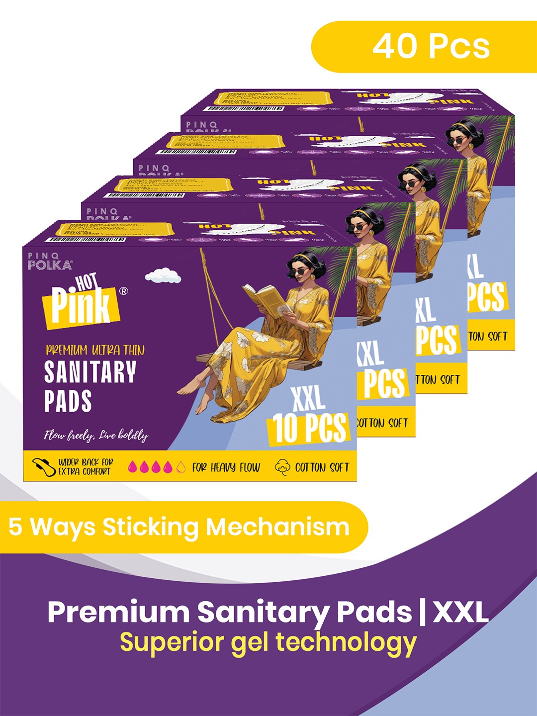

PINQ POLKA Pack of 40 Ultra Thin Rashfree Cotton Feel Sanitary Pads Size XXL (320MM), Purple