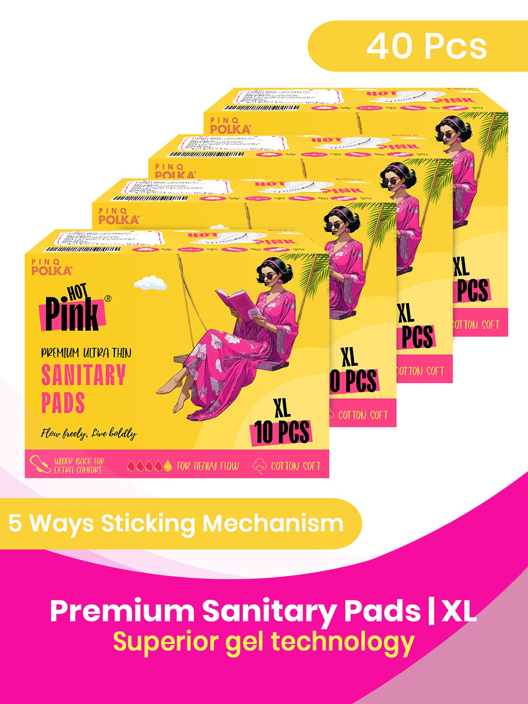 

Pinq Polka Pack of 40 Hot Pink Ultra Thin Rashfree Cotton Feel Sanitary Pads (280 Mm), Yellow