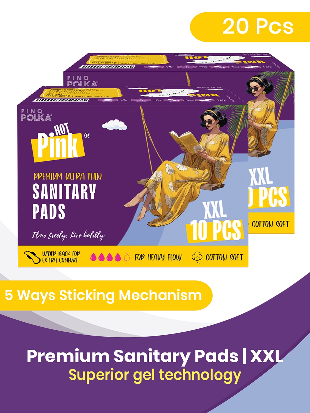 

Pinq Polka Pack of 20 Hot Pink Ultra Thin Rashfree Cotton Feel Sanitary Pads, Purple