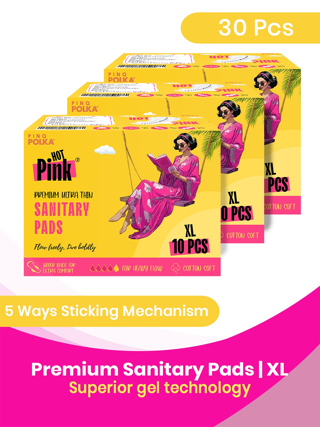

PINQ POLKA Pack of 30 Ultra-Thin Rash free Cotton Feel Sanitary Pads Size XL (280MM), Yellow