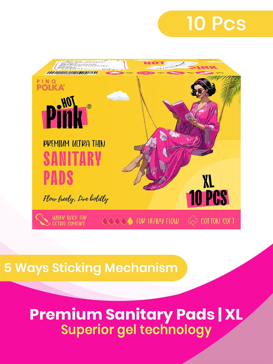 

PINQ POLKA Pack of 10 Ultra-Thin Rash free Cotton Feel Sanitary Pads, Yellow