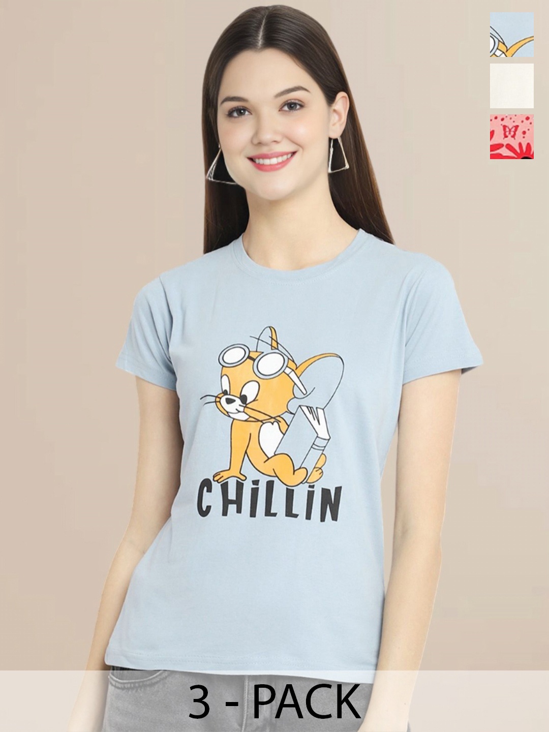 

Metronaut Women Pack Of 3 Typography Printed Round Neck Cotton Tom & Jerry T-shirts, Peach