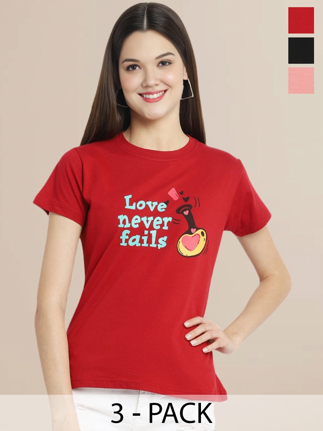 Metronaut Women Pack Of 3 Typography Printed Round Neck Cotton T-shirts, Peach