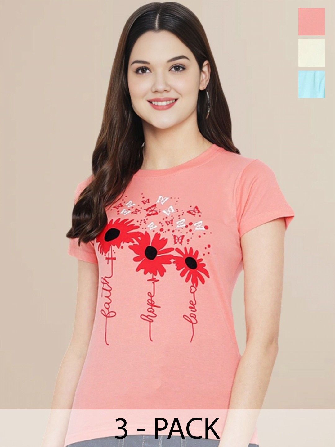 

Metronaut Women Pack Of 3 Typography Printed Round Neck Cotton Looney Tunes T-shirts, Peach