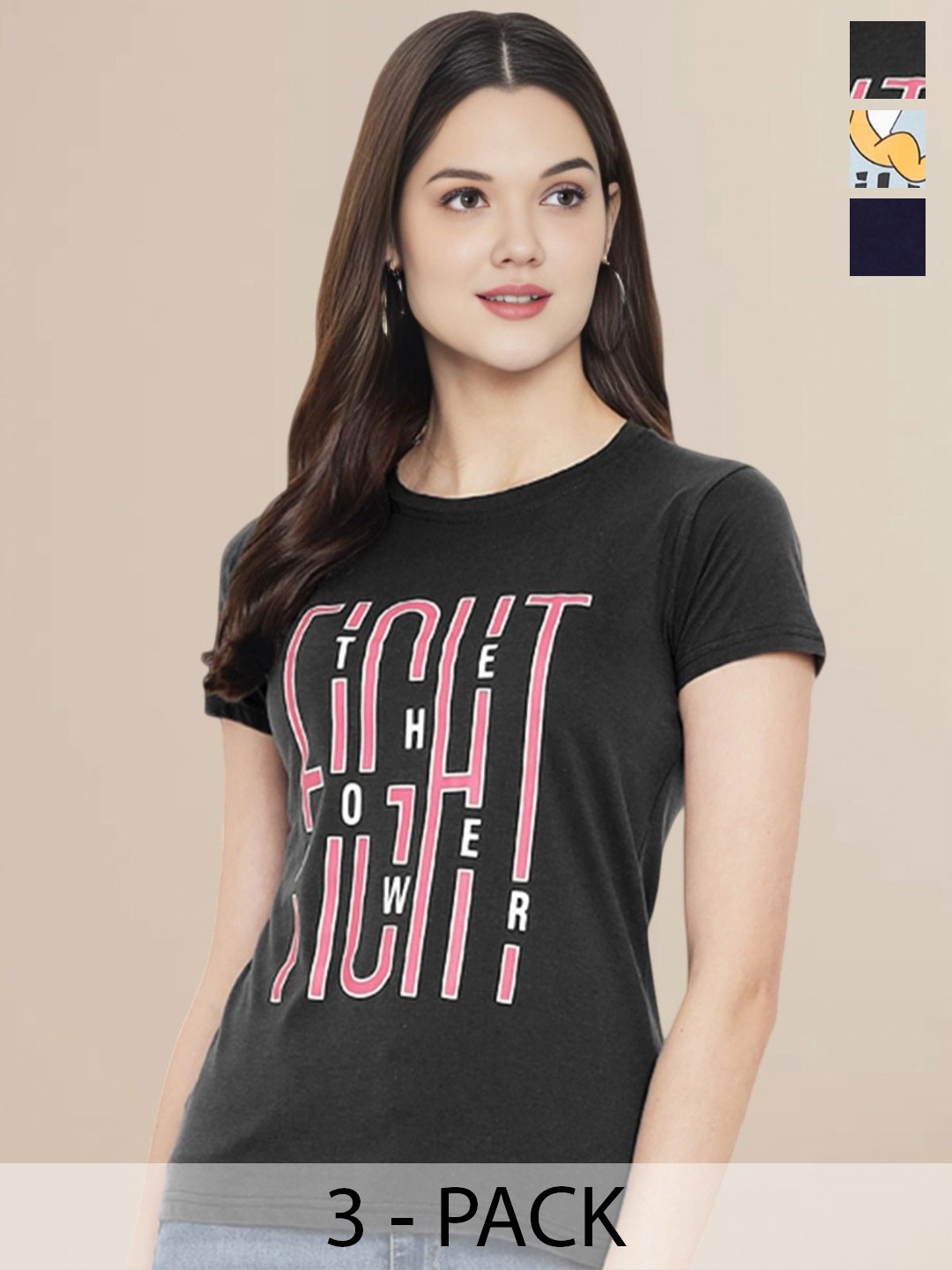 

Metronaut Women Pack Of 3 Typography Printed Round Neck Cotton Tom & Jerry T-shirts, Navy blue