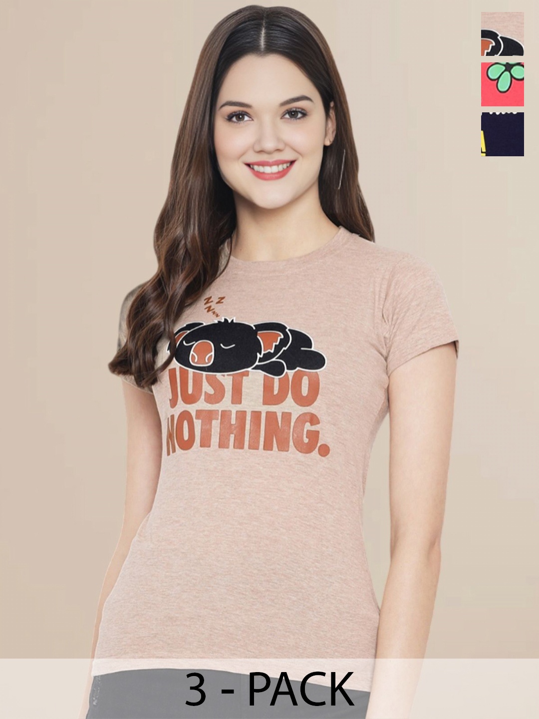 

Metronaut Women Pack Of 3 Typography Printed Round Neck Cotton T-shirts, Beige