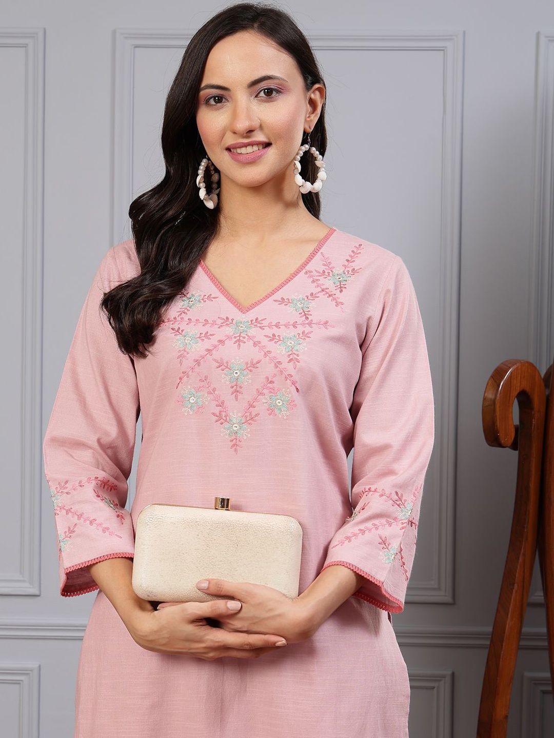 

Nayam By Lakshita Floral Embroidered Cotton Linen A-Line Kurta With Trouser, Pink