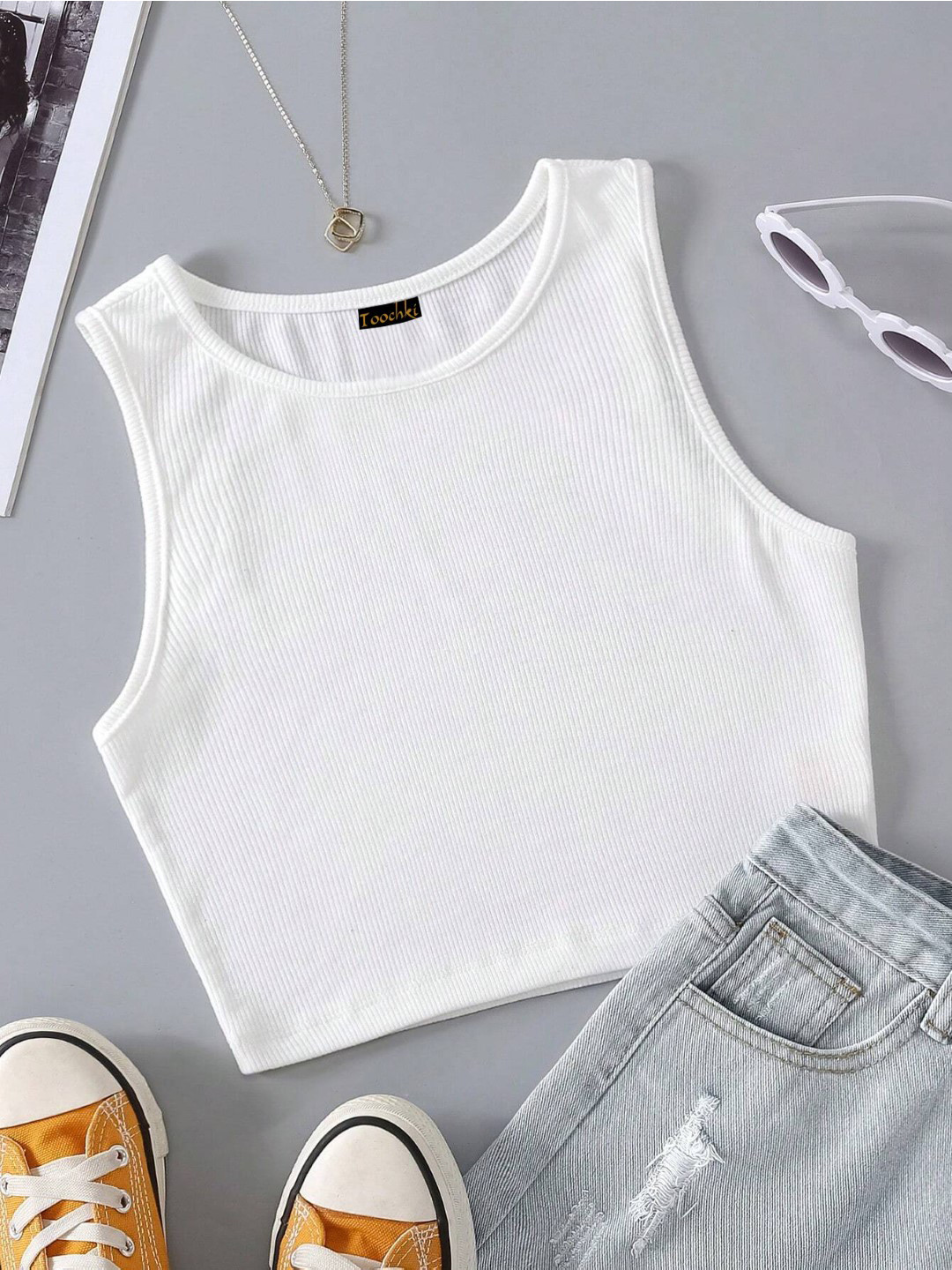 

BAESD Women Solid Round Neck Sleeveless Fitted Crop Top, White