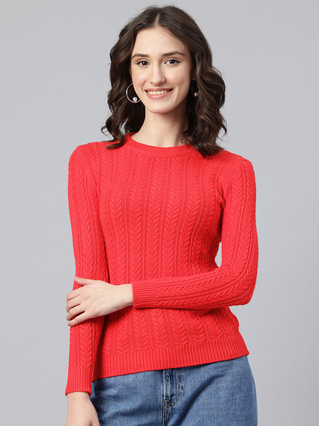 

One Femme Self Design Woollen Pullover, Red