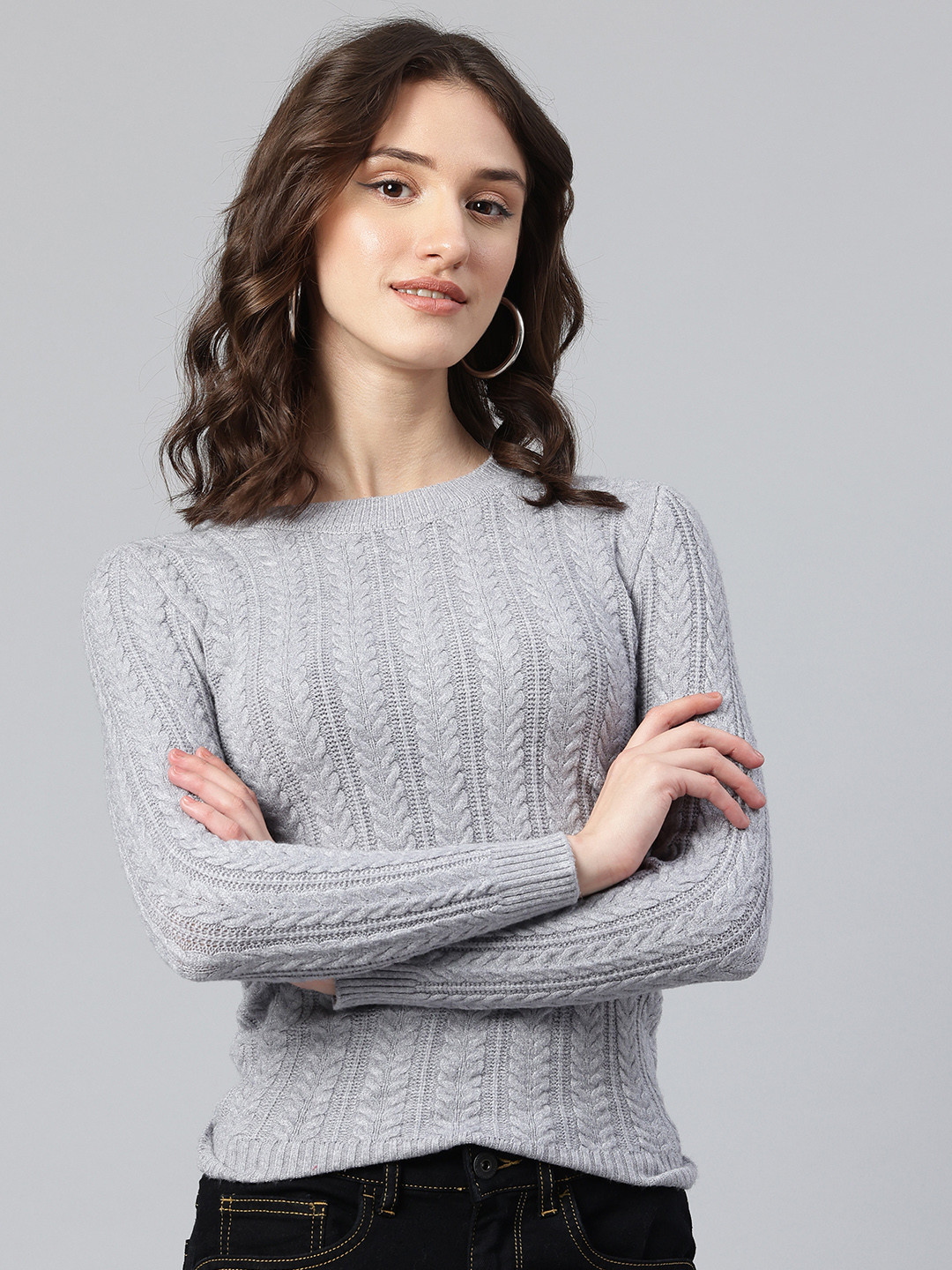 

One Femme Self Design Woollen Pullover, Grey