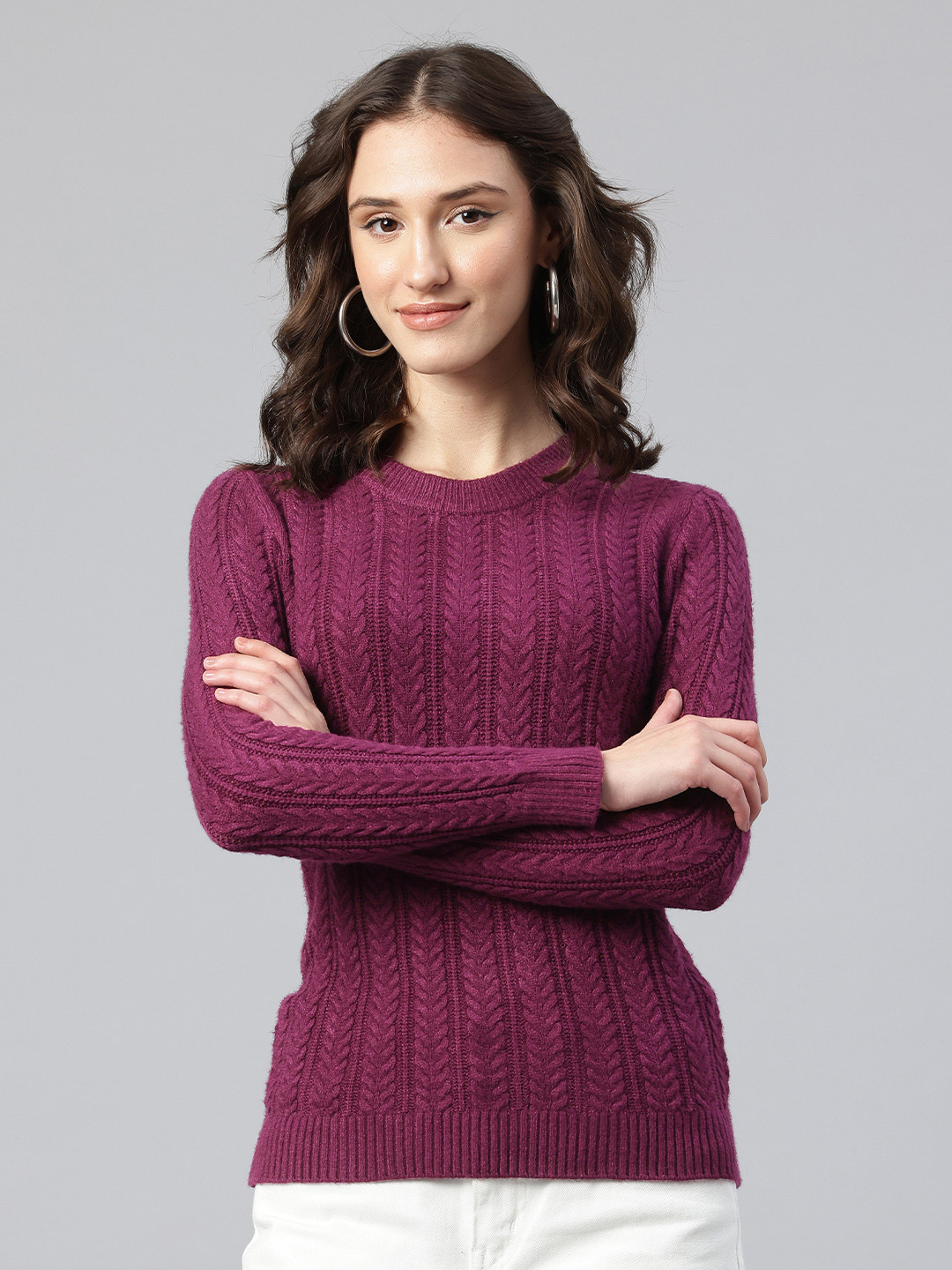 

One Femme Self Design Woollen Pullover, Purple