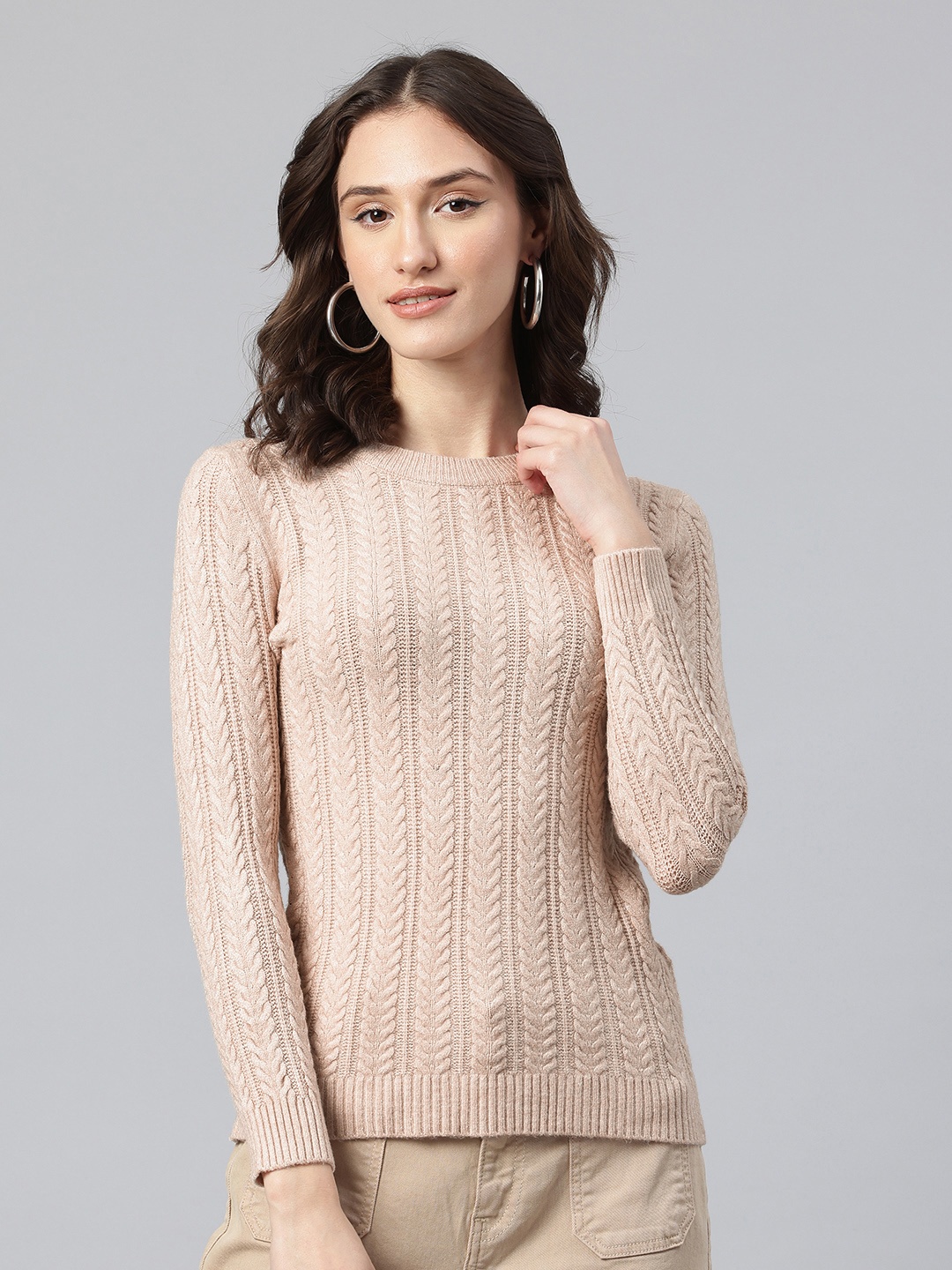 

One Femme Self Design Woollen Pullover, Beige