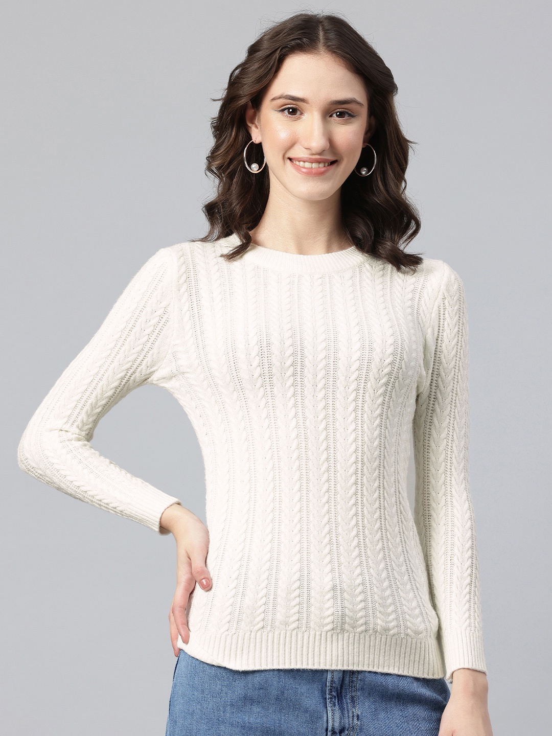 

One Femme Self Design Woollen Pullover, White