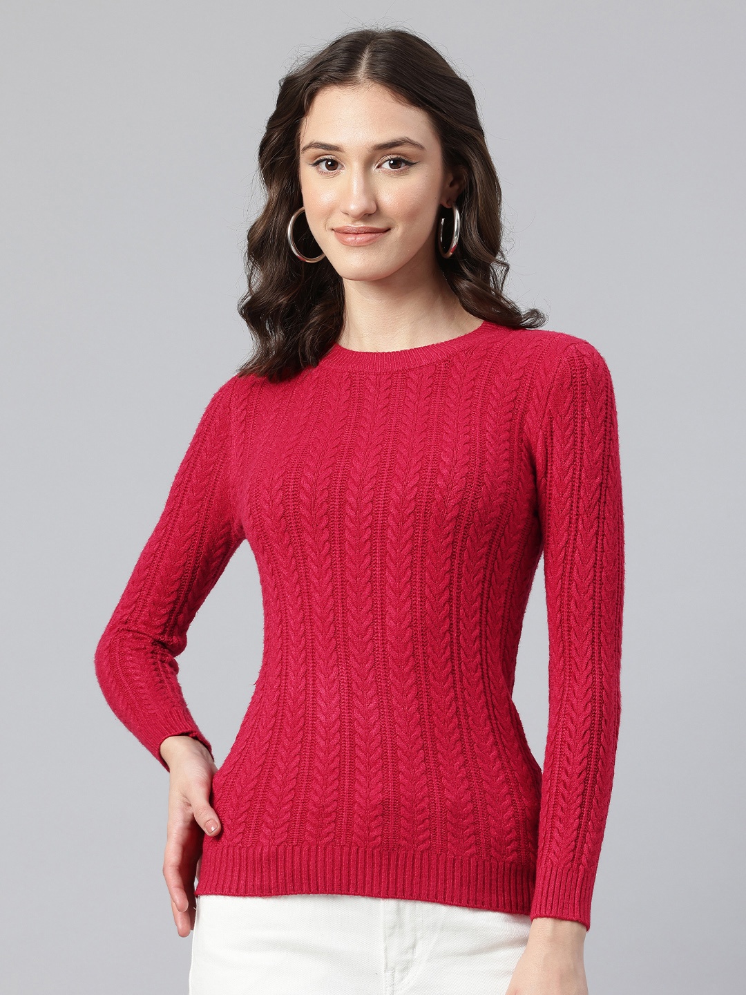 

One Femme Self Design Woollen Pullover, Magenta