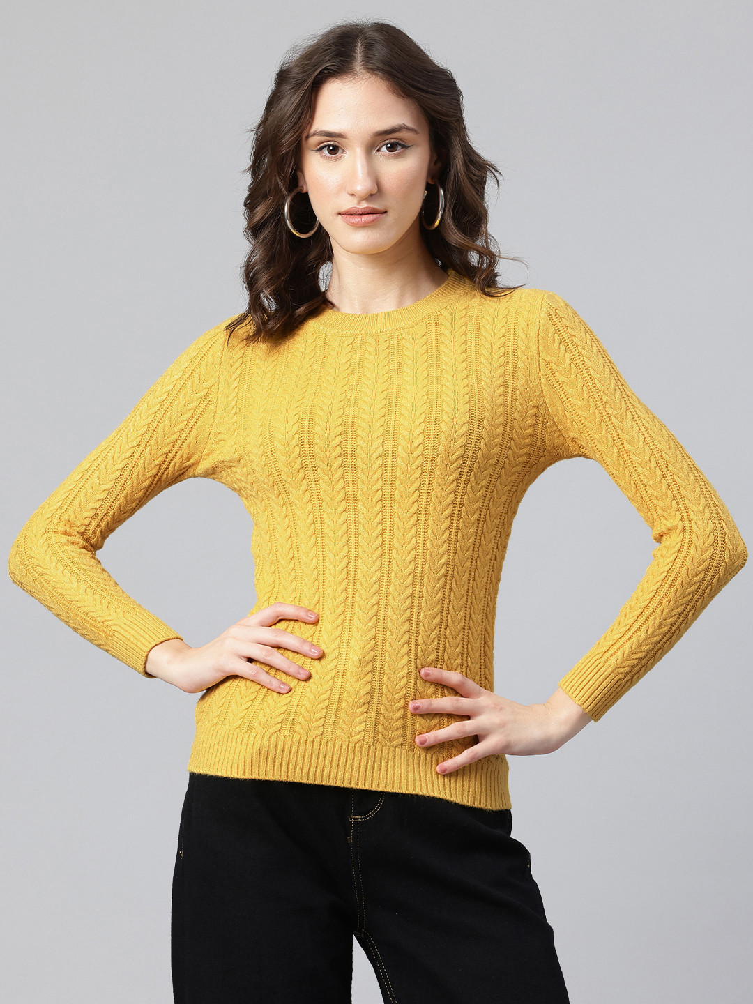 

One Femme Self Design Woollen Pullover, Yellow