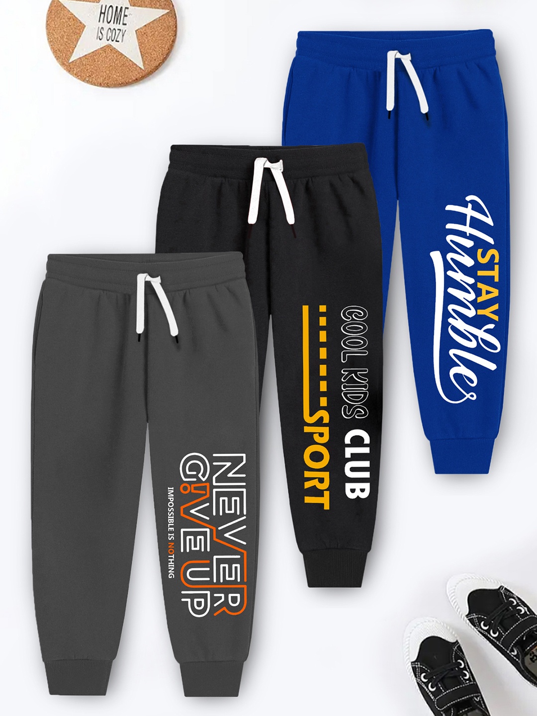 

YK X Trampoline Kids Pack Of 3 Printed Cotton Joggers, Blue