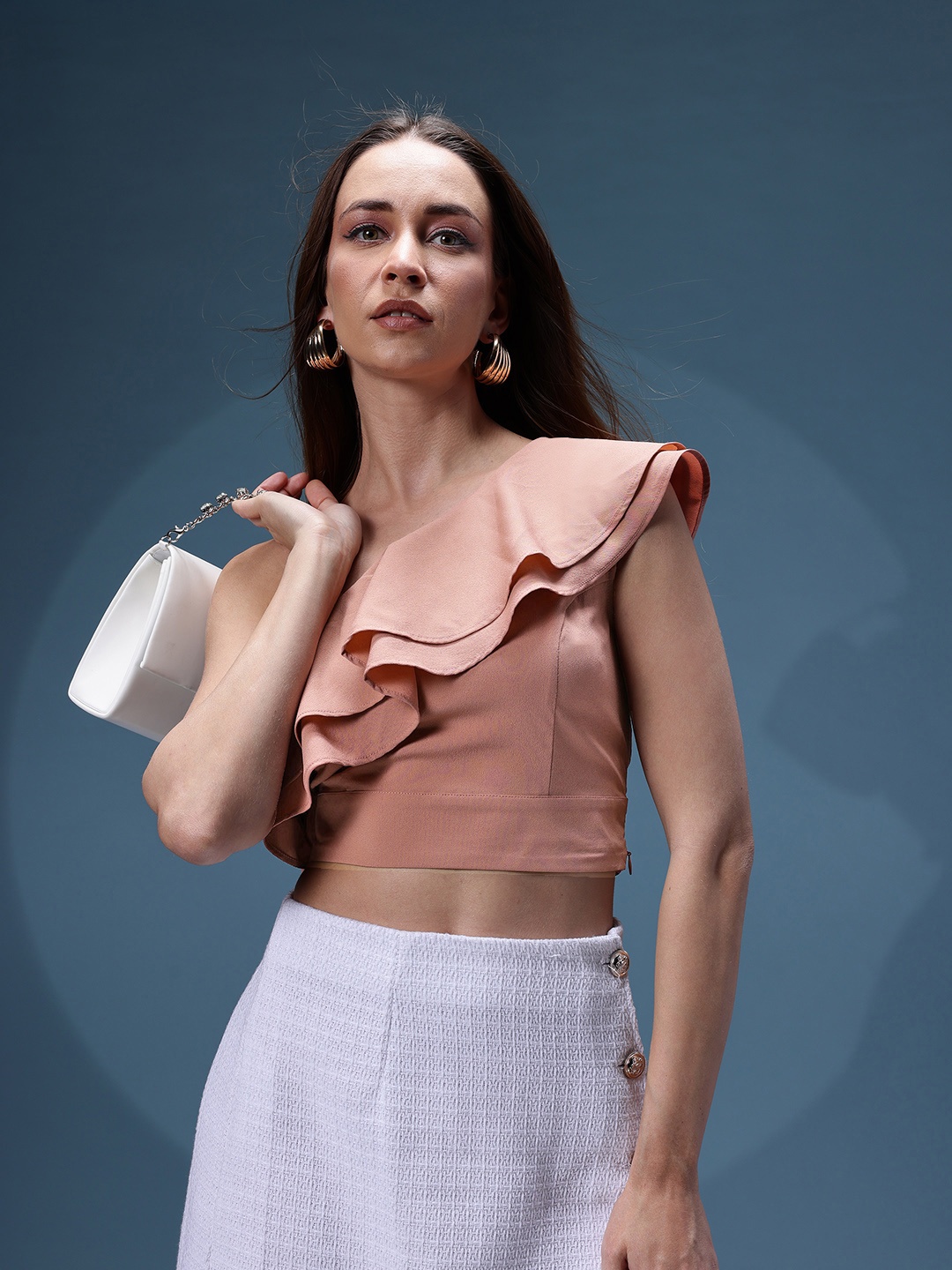 

bebe Dose of Vitamin One Shoulder Ruffles Crop Top, Pink