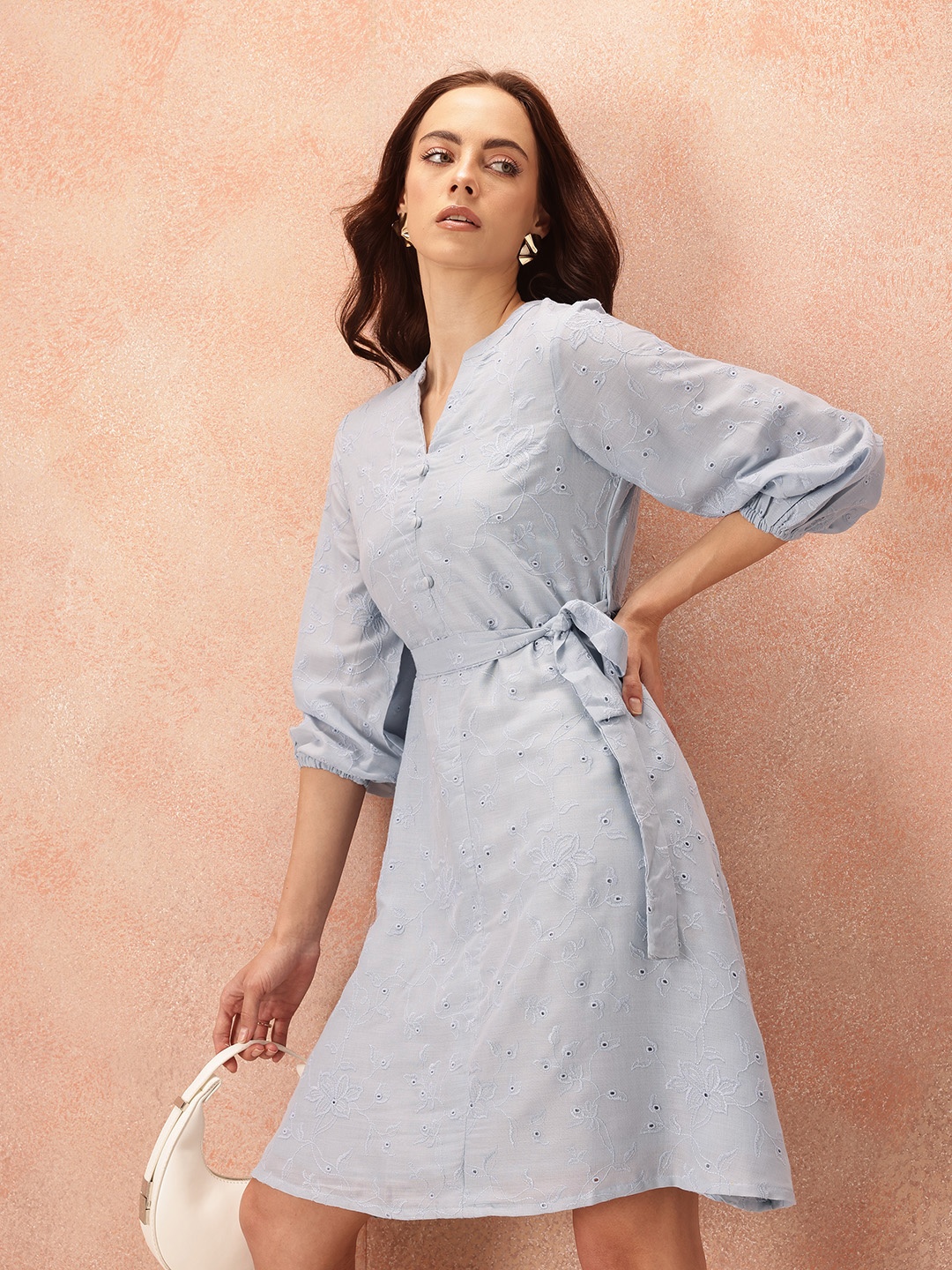 

all about you Floral Embroidered A-Line Schiffli Dress, Grey