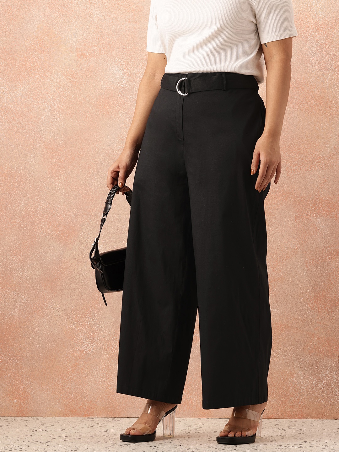 

All About You Formals Women Plus Size Pure Cotton Trousers With Belt, Black