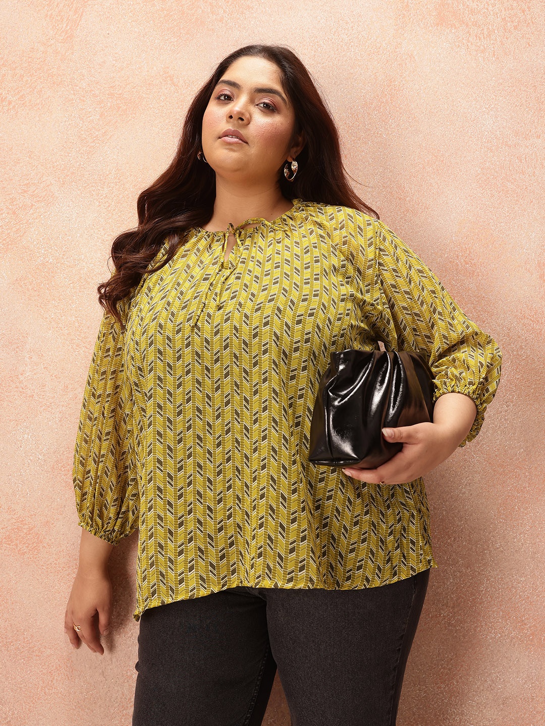 all about you Plus Size Striped Tie-Up Neck Puff Sleeve Top, Green
